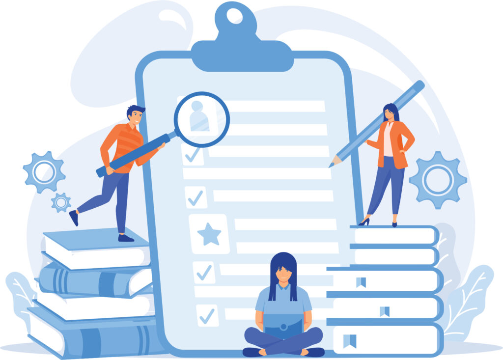 ikonografika - ludzie stojący na stosach książek